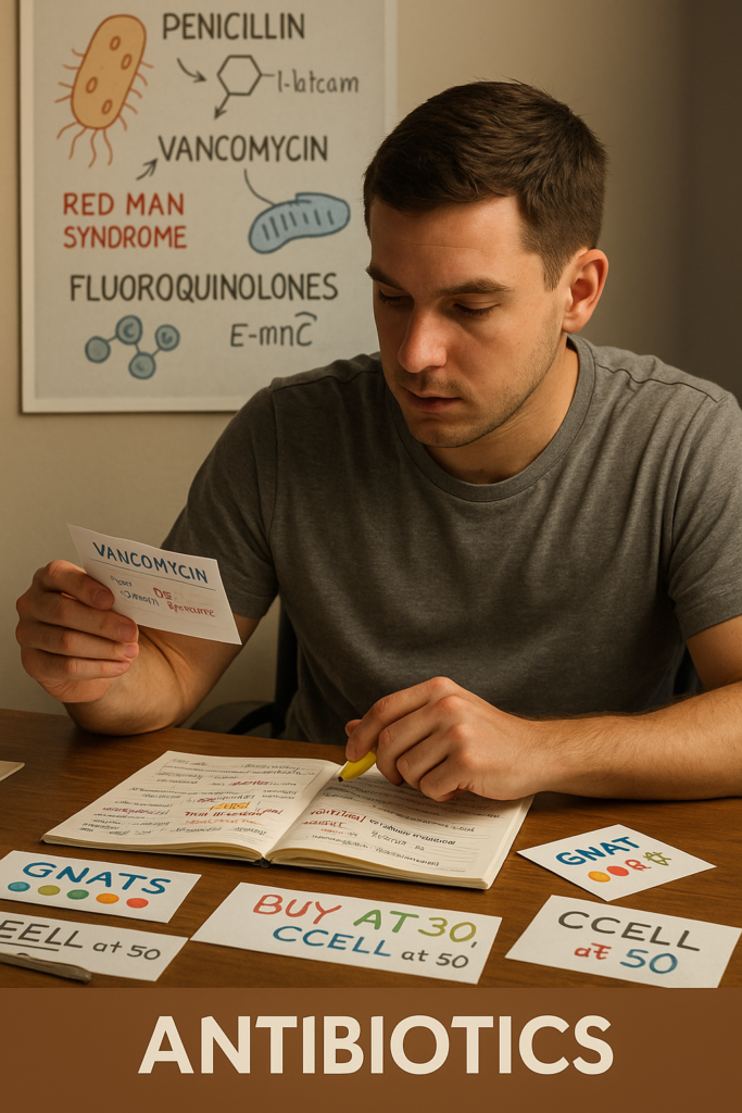 Antibiotic mnemonics for USMLE Step 1 shown with flashcards used by a medical student studying drug mechanisms and side effects
